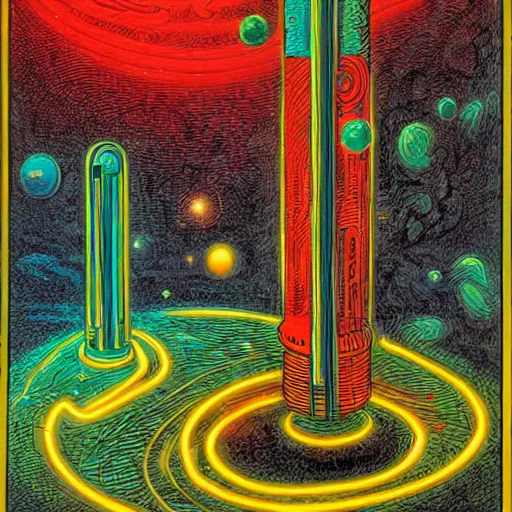 Prompt: Liminal space in outer space as neon tubes art by John Tenniel, colorized