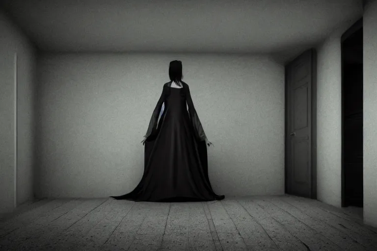 Image similar to a creepy woman wearing all black Tim Burton style, standing in a dark, eerie room, melancholic, dreary, sinister, 3D render,