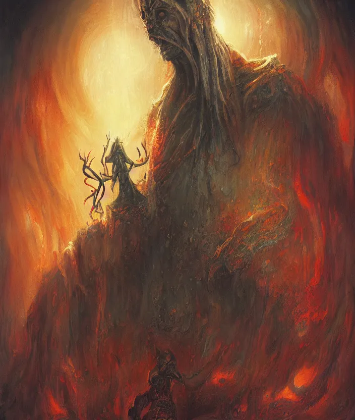 Image similar to Demon Priest, fantasy artwork, warm colors, by seb mckinnon