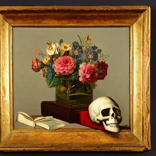 Prompt: 19th century academic painting of a still life featuring a skull, flowers and books