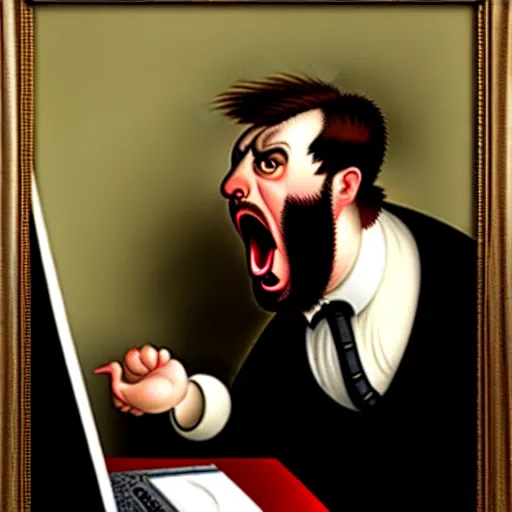 Image similar to an angry man yells at his computer monitor, oil on canvas, 1 8 8 3, highly detailed