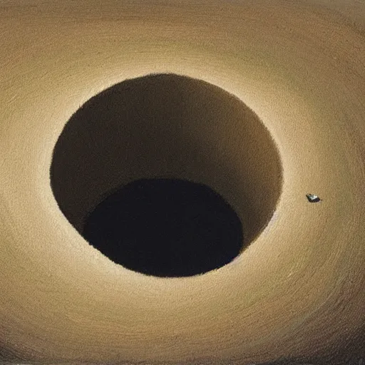 Prompt: painting of a single small seed sitting in a shallow hole in fresh earth. the painting is characterized by its use of light and shadow to create a sense of depth, its muted colors, and its focus on nature.