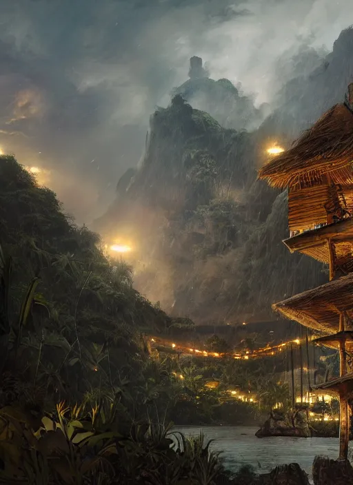 Prompt: wooden palisade wall on a tropical island kit by torches in a Storm night, giant Gorilla sillouhette in the background, intricate Details, raphael lacoste, eddie mendoza, alex ross, concept art, matte painting, highly detailed, rule of thirds, dynamic lighting, cinematic, detailed, denoised, centerd, clean render