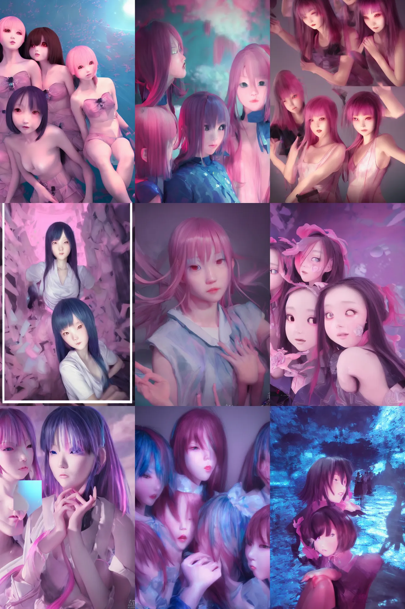 Prompt: 3d dark infrared octane render concept art by D. Jun, by Mo Xiang Tong Xiu, by Igarashi Daisuke, beauty portrait anime schoolgirls taking photo under dark pink and blue water. cute face. complex mirror room. dramatic light. trending on artstation.