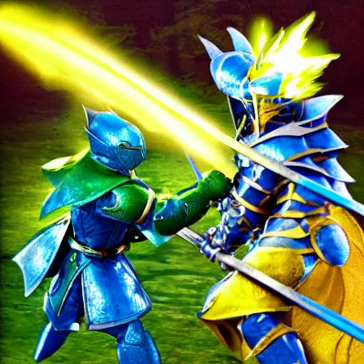 Image similar to dragon fight vs knight in green car with blue armor and a gold sword, berserk, manga