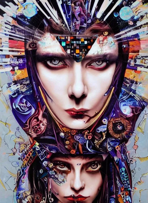 Image similar to gorgeous magic cult psychic woman, fashion model, awakening consciousness psychedelic, epic surrealism expressionism symbolism, story telling, iconic, dark robed, oil painting, symmetrical face, dark myth mythos, by Sandra Chevrier, Noriyoshi Ohrai masterpiece