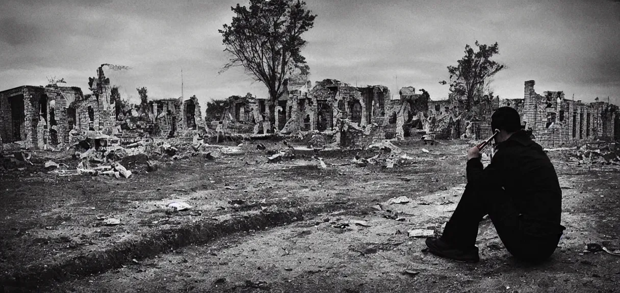 Image similar to “sad soldier, sitting alone, smoking a cigarette, looking at the ruins of his city from a hill”