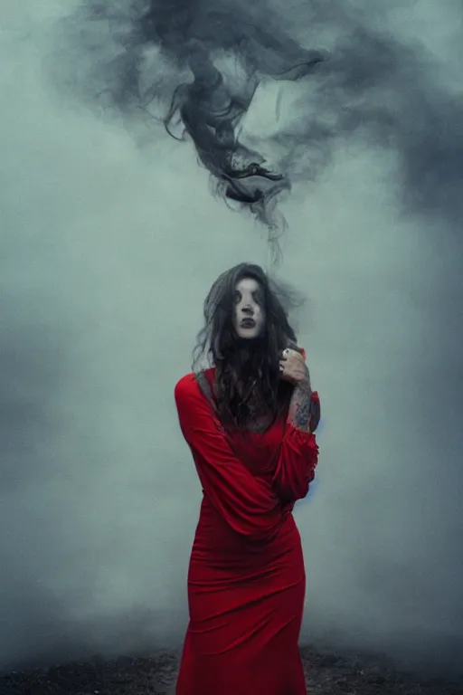 Prompt: tattooed beautiful cult girl smoke swirling and smiling, red dress, drug trip, symmetric, dark, moody, eerie religious composition, photorealistic oil painting, post modernist layering, by Sean Yoro
