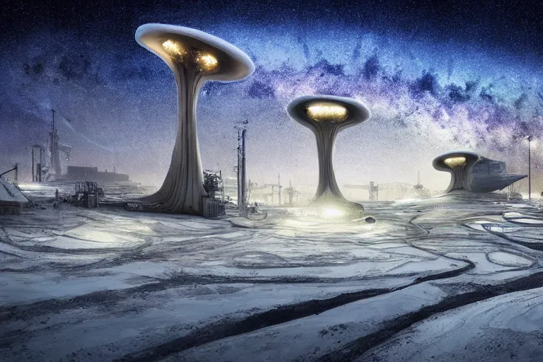 Prompt: favela twisting spaceship fungus, snowy arctic environment, industrial factory, bright, milky way, award winning art, epic dreamlike fantasy landscape, ultra realistic,