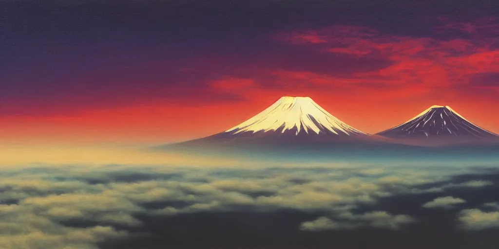 Image similar to Mount Fuji, cinematic angle, studio Ghibli, cinematic lighting, detailed oil painting, hyperrealistic, 8k