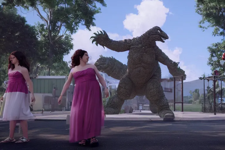 Image similar to a still from My Big Fat Greek wedding, wedding, wedding, with Fox McCloud and godzilla, octane render, nvidia raytracing demo, masterpiece