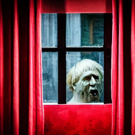 Image similar to photo of the inside of a dark old rainy bedroom window at night with the curtains pulled back, dimly lit creepy | screaming face of boris johnson staring in and pressing his bloody face and hands against the window, horror, scary face, demonic face,