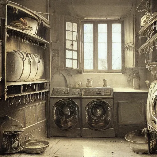 Image similar to detailed painting of a laundry room, filigree ornaments, andreas achenbach,