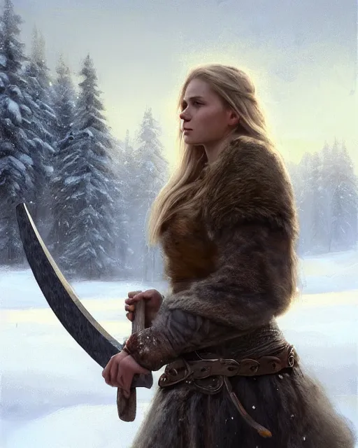 Image similar to cinematic shot epic portrait an female viking holding an stone axe, winter backround, cloudy, dust, shiny skin, beautiful, fine details. night setting. realistic shaded lighting poster by craig mullism, artgerm, jeremy lipkin and michael garmash, unreal engine, radiant light, detailed and intricate environment, digital art, trending on art station,