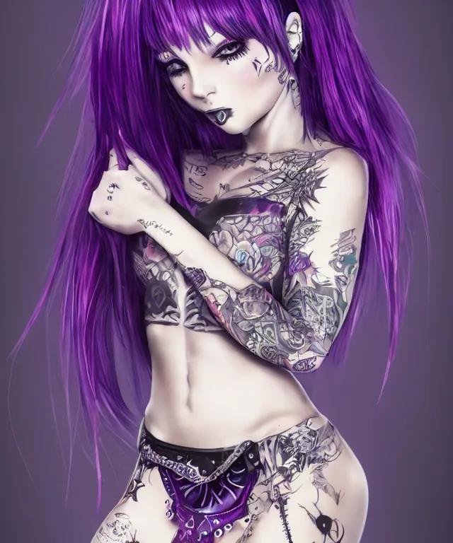 Image similar to kerli koiv anime goth girl with tattoos purple hair in mini skirt and crop top intricate, full body, extremely detailed, artstation, 8 k, sensual lighting, incredible art, wlop, artgerm