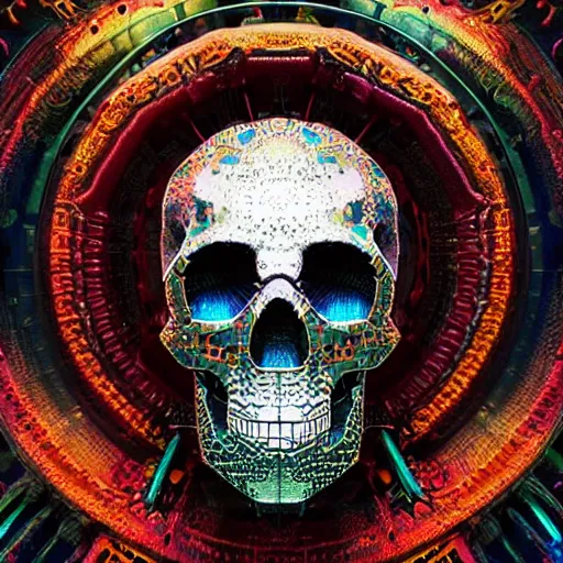 Prompt: portrait_of_glossy metalic skull with glitch effects._intricate_abstract._psychedelic_liquod_embossed_intricate_artwork._by_Tooth_Wu_wlop_beeple_dan_mumford._octane_render_trending_on_artstat