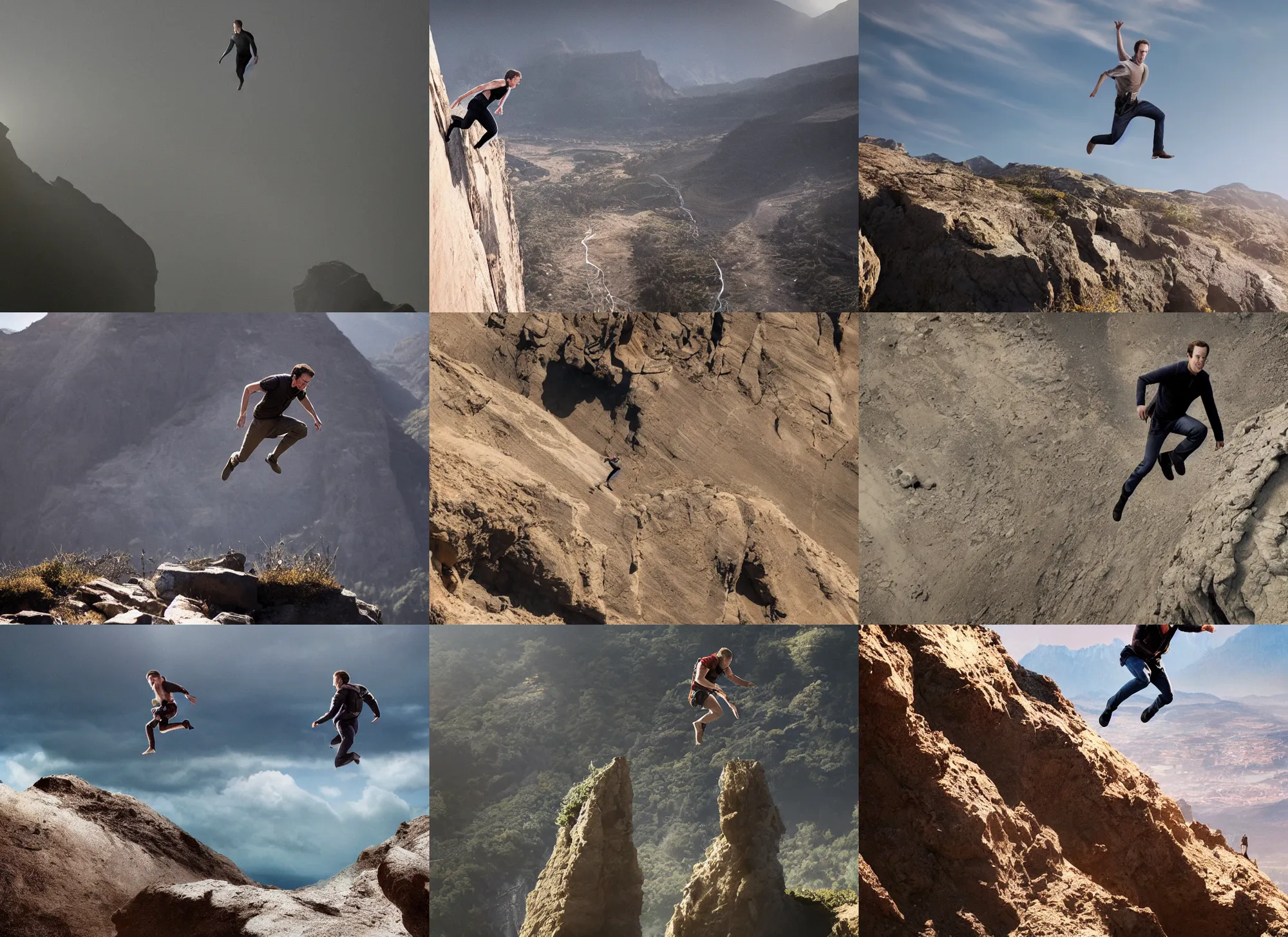 Prompt: photo still of mark zuckerburg jumping off cliffside, from the new sci - fi movie, 8 k, studio lighting bright ambient lighting key light, 8 5 mm f 1. 8