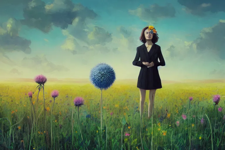 Image similar to giant thistle flower head, girl in suit in field of flowers, surreal photography, sunrise, blue sky, dramatic light, impressionist painting, digital painting, artstation, simon stalenhag