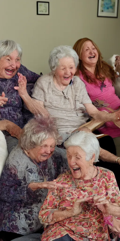 Image similar to laughing grandmas on magic mushrooms in the house