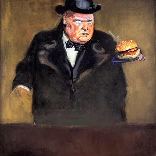 Prompt: mysterious portrait of winston churchill emerging from the dark void eating burger, face partially melting like glitching out LSD effect, figure in the darkness of renaissance, serving big macs, Francisco Goya, painted by John Singer Sargant, Adrian Ghenie, style of Francis Bacon, highly detailed, 8k, trending on artstation