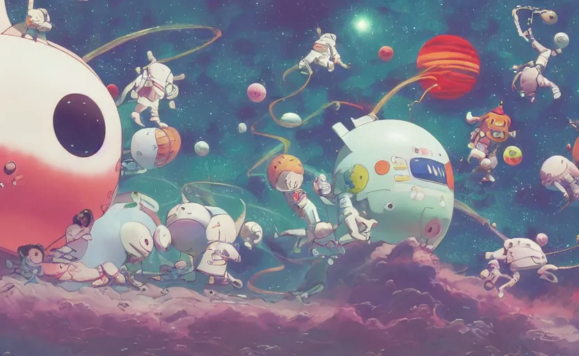 Image similar to cute mascot space demons, cartoon Digital painting, detailed, beautiful brush stroke rendering, by Beeple, by Hayao Miyazaki, by Takashi Murakami, by Masahiro Ito, 4k wallpaper