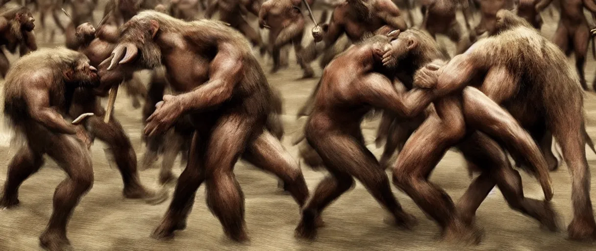 Image similar to made 1 5 0 neanderthal people fighting againts one mammoth, perfect dynamic posture, perfect dynamic environment, perfect dynamic body form, perfect dynamic pose, trending pinterest, perfect dynamic position, award winning photo by national geographic, and pulittzer winner, realistic, bokeh, reduce duplication interference