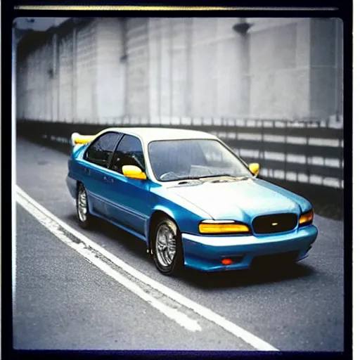 Prompt: retro 90s 97’ film photo harsh flash. Night time dark dimly lit parking lot. 1996 blue Subraru WRX STi front side view. ((Polaroid)) harsh flash amateur photo (gold rims 5 spoke intricate) ((motion blur)) ((low exposure)) aesthetic film grain