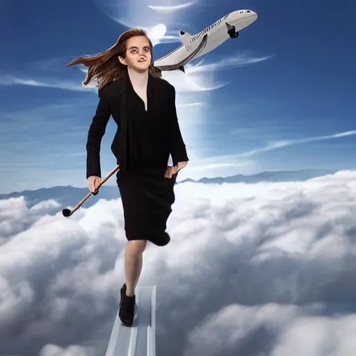 Image similar to Emma Watson sitting on a broomstick flying in the clouds next to an airliner, full body shot