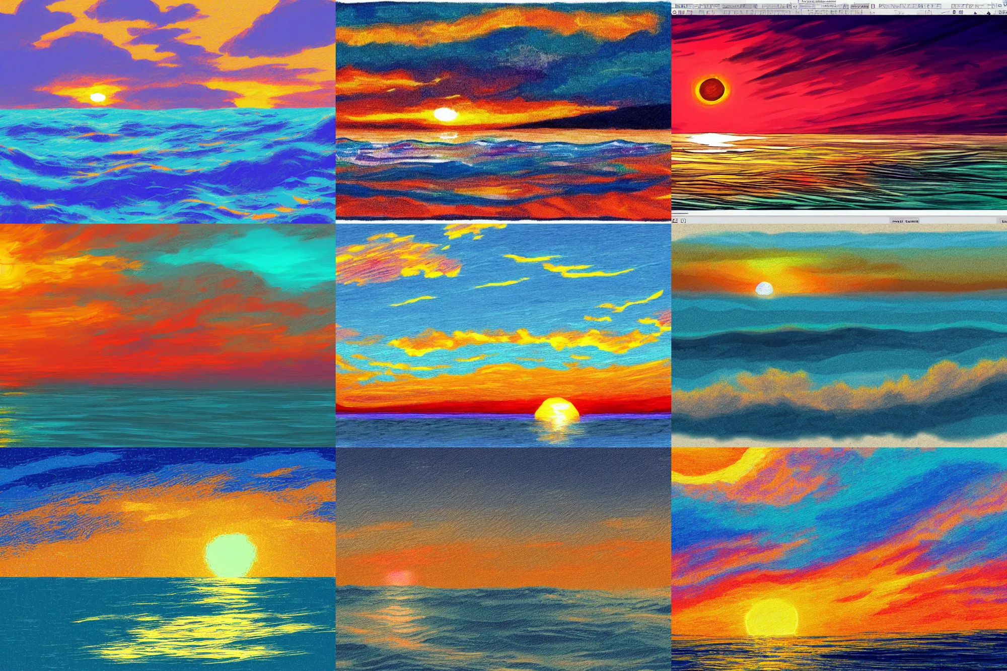 Prompt: sketch of an ocean in ms paint, sunset, 2 5 6 colours, trending on artstation, aqua water, dramatic clouds