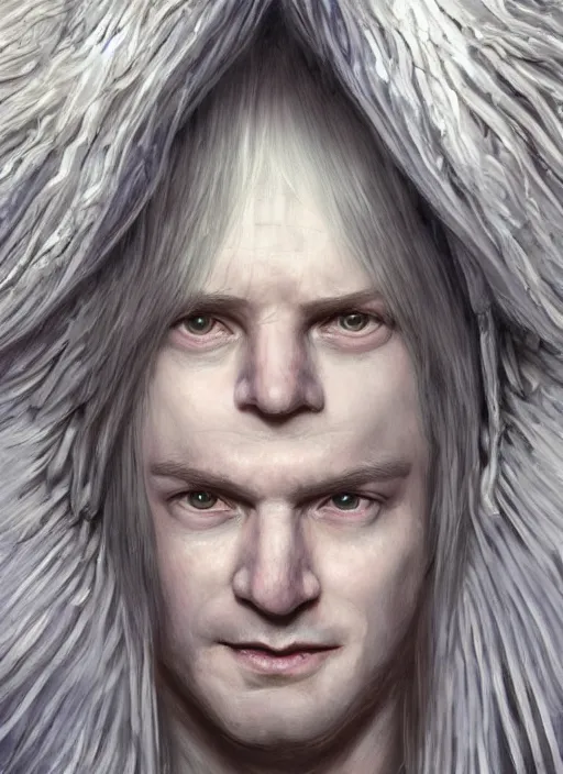 Image similar to Portrait of Kevin Rudd, white glowing eyes, silver shaggy hair, cloak, ethereal wings, male, fantasy, extremely detailed, digital painting, artstation, concept art, smooth, sharp focus, illustration, stunning lighting, art by artgerm and greg rutkowski and alphonse mucha and simon stalenhag, realistic character concept, high fantasy, light atmosphere, golden ratio, cinematic lighting, hyperdetailed, high resolution, insanely detailed and intricate, artstation, Marc Simonetti, Greg Rutkowski, 8k