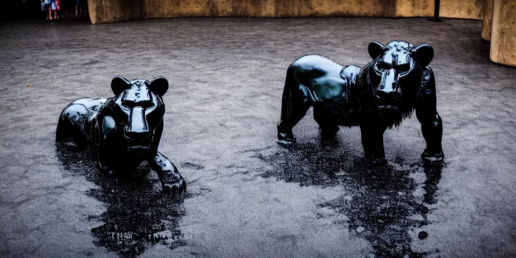 Prompt: the black lioness, made of smooth black goo, bathing inside the tar pit in the zoo exhibit, viscous, sticky, full of black goo, covered with black goo, splattered black goo, dripping black goo, dripping goo, splattered goo, sticky black goo. photography, dslr, reflections, black goo, zoo, exhibit