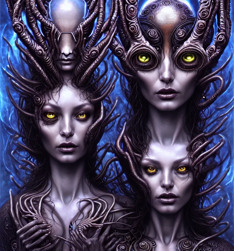 Image similar to A beautiful detailed alien goddess woman with 6 arms super dark tarot card, gorgeous model face by Stanley Artgerm, by tomasz alen kopera and Justin Gerard, 4 eyes, beautiful symmetrical features, ominous, magical realism, melting, texture, intricate, ornate, royally decorated, melting, whirling smoke, embers, purple adornments, blue torn fabric, radiant colors, fantasy, trending on artstation, volumetric lighting, micro details, 3d sculpture, ray tracing, 8k, anaglyph effect