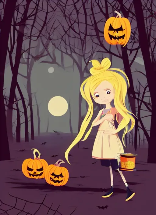 Prompt: three year old girl with long blonde hair in a halloween scene. she is carrying a candy bucket. clean cel shaded vector art. shutterstock. behance hd by lois van baarle, artgerm, helen huang, by makoto shinkai and ilya kuvshinov, rossdraws, illustration, art by ilya kuvshinov