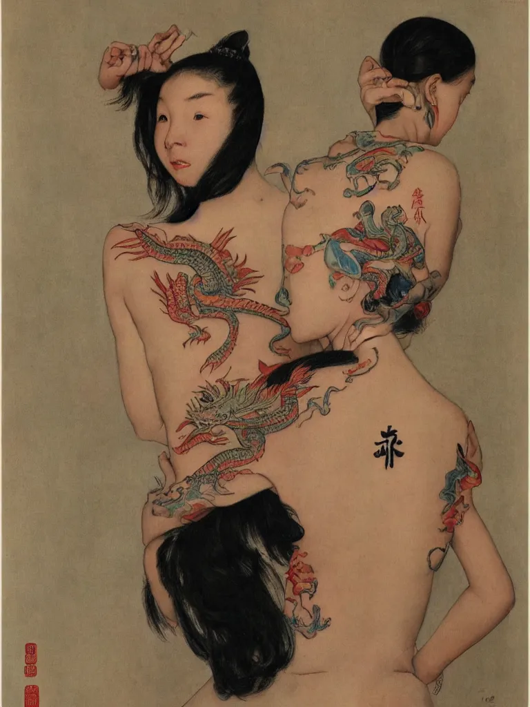 Image similar to a Portrait of a beautiful Chinese girl with a tattoo of a dragon on her back by Norman Rockwell