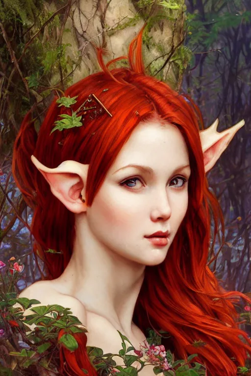 Image similar to alluring closeup portrait of beautiful elf girl with red hair, very detailed face and ears, realistic, tarot card, by Stanley Artgerm Lau, greg rutkowski, thomas kindkade, alphonse mucha, loish, norman rockwell J.