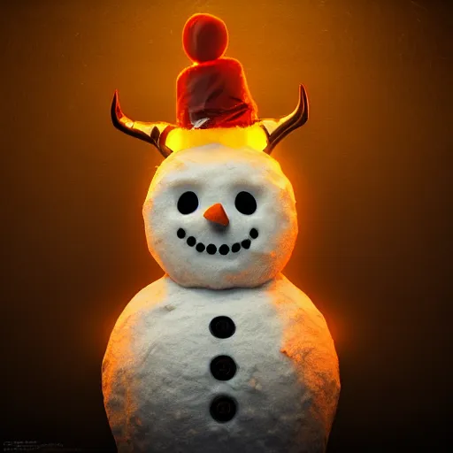 Image similar to Photorealistic evil snowman with devil horns. Hyperdetailed photorealism, 108 megapixels, amazing depth, glowing rich colors, powerful imagery, psychedelic Overtones, 3D finalrender, 3d shading, cinematic lighting, artstation concept art