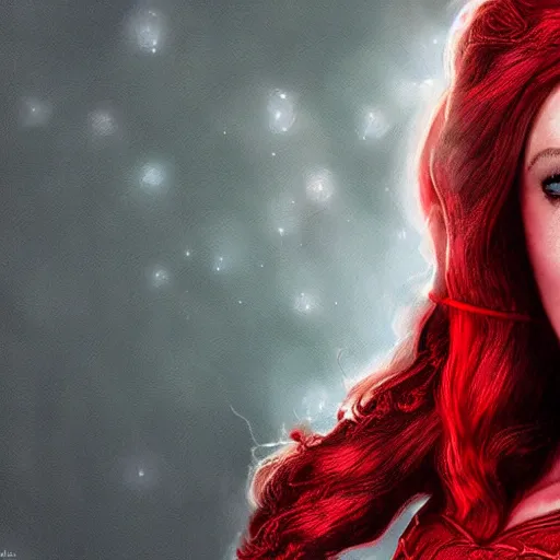 Prompt: A portrait of elizabeth in scarlet witch costume, cinematic, digital art, amazing detail