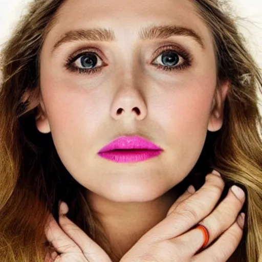 Prompt: elizabeth olsen, hands on her face posing for the camera, neon lighting, closeup!!!!!!, macro!!!!!!, 3 5 mm!!!!!! lens, comprehensive art, neon!!!!!! atmosphere, intricately detailed, indistinguishably unique, 4 k, 8 k, detailed facial features