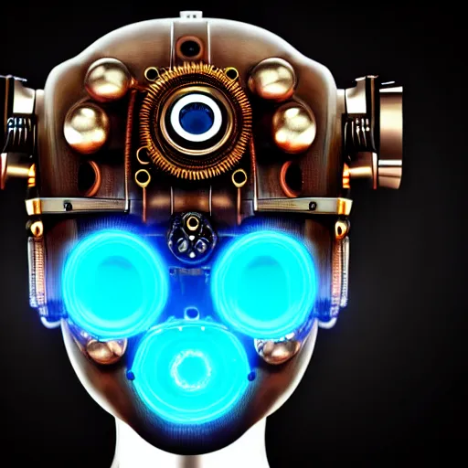 Prompt: a head of a robot in steampunk style with cyan glowing laserbeams out of the eyes, insanely integrate details, cables out of the ears, sharp, frontshot, 8 k