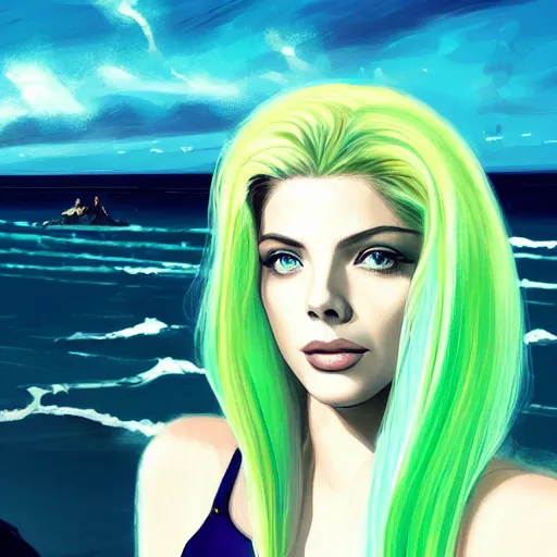 Image similar to A combination of Grace Kelly's and Katheryn Winnick's and Ashley Greene's faces with light green hair as a mermaid on the beach, cyberpunk style, synthwave aesthetic, fantasy, intricate, elegant, highly detailed, digital painting, artstation, concept art, matte, sharp focus, illustration, half body portrait, anime style, blue tint, art by Artgerm and Greg Rutkowski and Alphonse Mucha