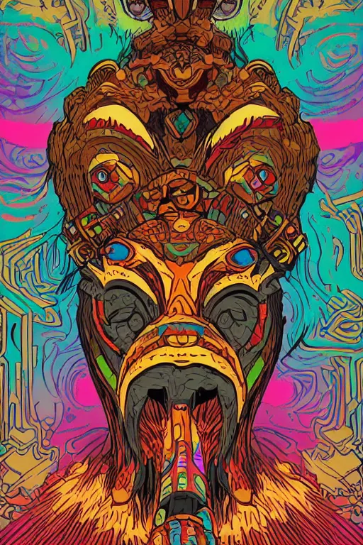 Image similar to animal mask totem roots flower tribal feather gemstone plant wood rock shaman vodoo video game vector cutout illustration vivid multicolor borderlands comics by josan gonzales and dan mumford radiating a glowing aura