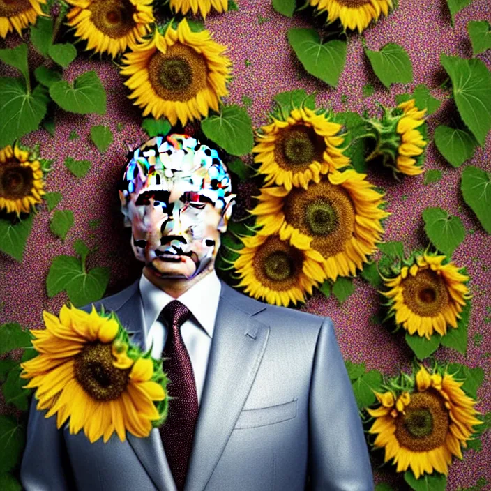 Image similar to photo portrait of Vladimir Putin - sunflowers - dressed in leisure suit with ornamental ethereal sunflower pattern, natural skin tone, highly detailed realistic flowers ornament in the upper side of breast, hair, eyebrows and wrinkles are intricate with highly detailed realistic flowers, elegant, Realistic, Refined, Highly Detailed, natural soft pastel lighting colors scheme, fine art photography by Cecil Beaton, volumetric lighting, hyper realistic photography