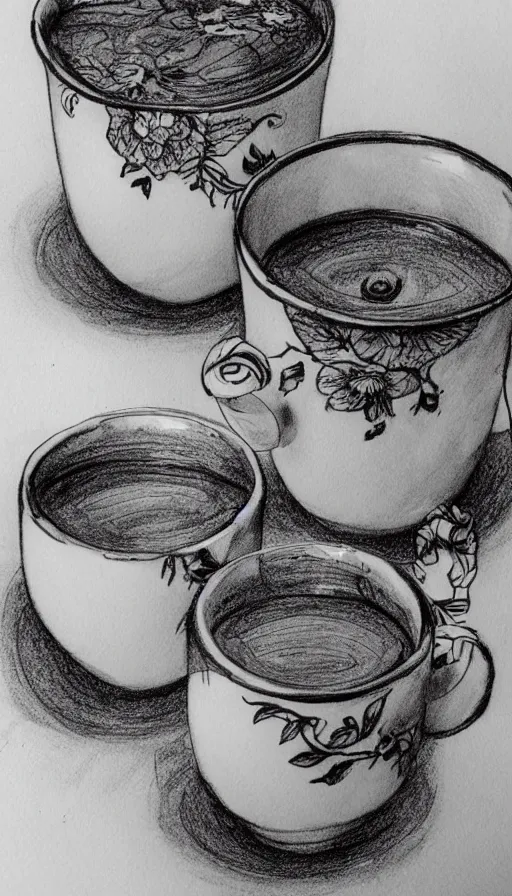 Image similar to 2 cups drawn with fountain pen , beautiful composition , extremely detailed