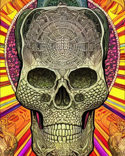 Image similar to Carved alien skull art surrounded by varities of corn, cell shading, voronoi, fibonacci sequence, sacred geometry by Alphonse Mucha, Moebius, hiroshi yoshida, Art Nouveau, colorful, ultradetailed, vivid colour, 3d