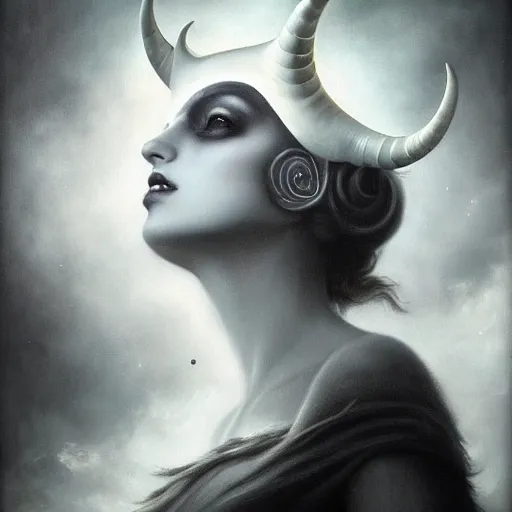 Prompt: By Tom Bagshaw, ultra realist soft painting portrait of curiosities carnival by night, very beautiful horned single zynoid fully dressed fading, symmetry accurate features, very intricate details, ominous sky, black and white, volumetric light clouds