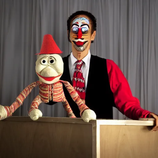 Prompt: puppeteer in puppet show using a string marionette of a president with clown makeup in a podium