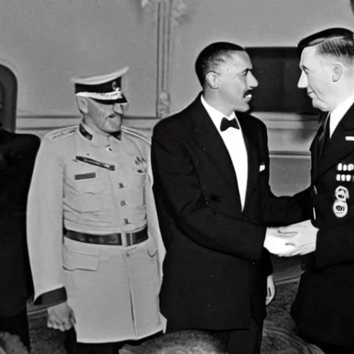 Image similar to Obama shakes hands with Adolf Hitler secret general, Real Event, Historical Event, Realistic,