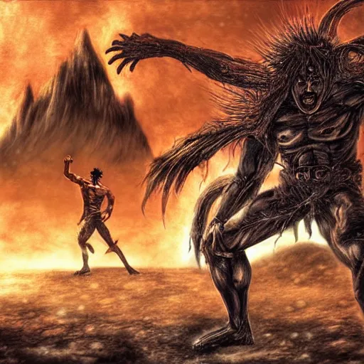 Prompt: digital art of Kenshiro fighting a horrific monster, horror art, beksinski, detailed textures and lighting, storm in the background, mountains, action pose, high detail character models, detailed mountains, epic fight, movie quality battle, full view, anime