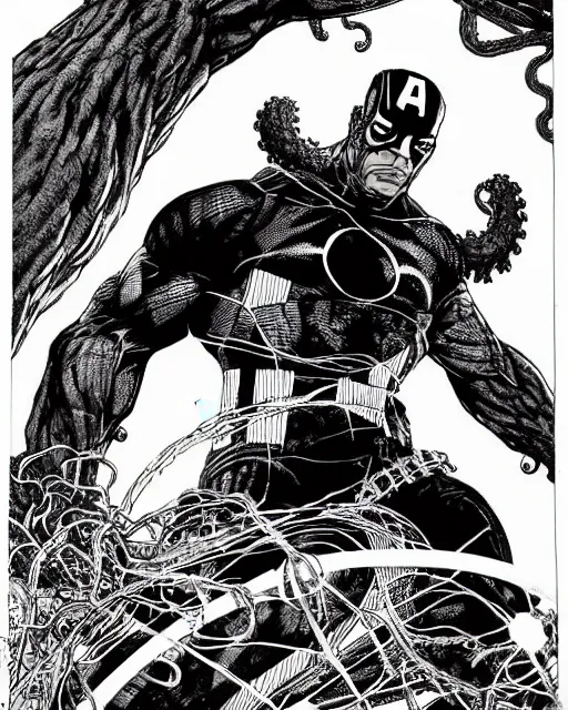 Image similar to black and white captain america defends himself with a shield against the sword of a giant tree monster with wires and tentacles in the cuberpunk forest, by tsutomu nihei, black and white