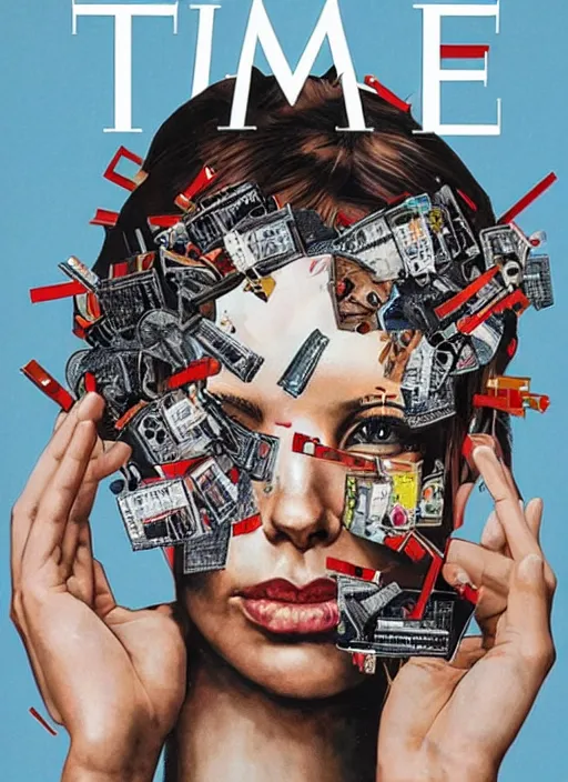 Prompt: TIME magazine cover, the coming AI singularity, by Sandra Chevrier, 4d